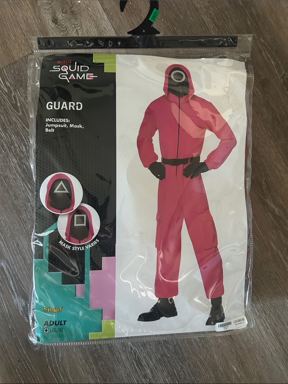 Adult Netflix Squid Game Guard Costume - Pink Jumpsuit with Black Mask & Belt